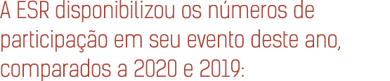 A ESR disponibilizou os n meros de participa  o em seu evento deste ano, comparados a 2020 e 2019: