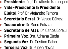   Presidente: Prof  Dr  Alberto Marangoni   Vide-Presidente (e Presidente Eleito): Prof  Dr  Alejandro Tempra   Secre   