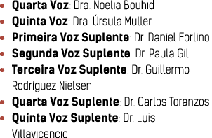   Quarta Voz: Dra  Noelia Bouhid   Quinta Voz: Dra   rsula Muller   Primeira Voz Suplente: Dr  Daniel Forlino   Segun   