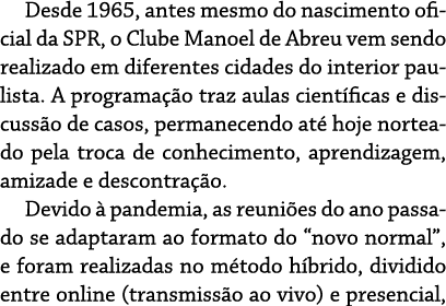 Desde 1965, antes mesmo do nascimento oficial da SPR, o Clube Manoel de Abreu vem sendo realizado em diferentes cidad   