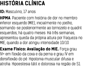 História clínica ID: Masculino, 17 anos  HPMA: Paciente com história de dor no membro inferior esquerdo (MIE), inicia   