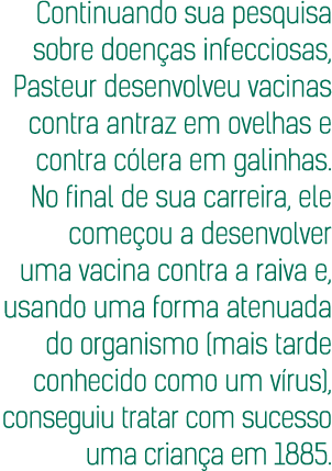 Continuando sua pesquisa sobre doenças infecciosas, Pasteur desenvolveu vacinas contra antraz em ovelhas e contra cól   