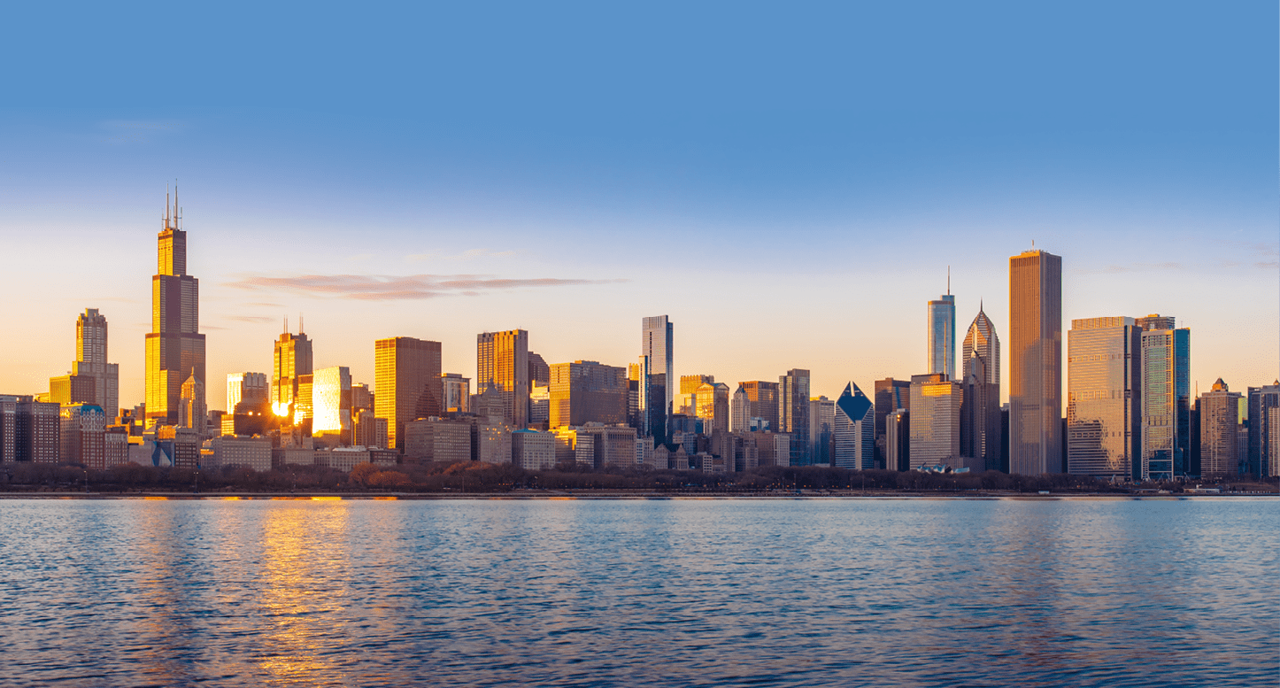 Chicago downtown skyline sunset Lake Michigan with most Iconic building from Adler Planetarium, Illinois, USA