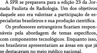 A SPR se preparava para a edi o 23 da Jornada Paulista de Radiologia. Um dos objetivos daquele ano era valorizar a p...