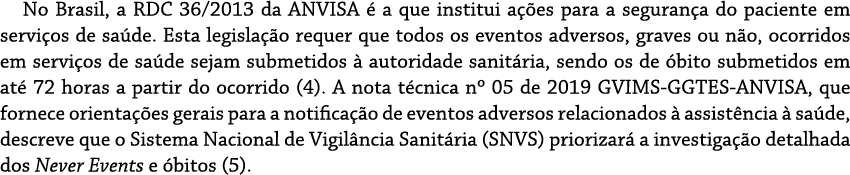 No Brasil, a RDC 36/2013 da ANVISA  a que institui a  es para a seguran a do paciente em servi os de sa de. Esta leg...