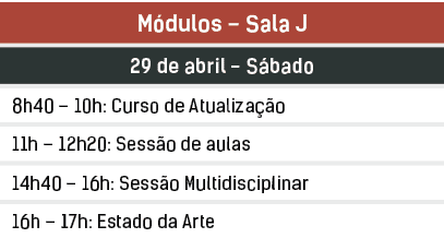 M dulos – Sala J,29 de abril S bado,8h40 – 10h: Curso de Atualiza o ,11h – 12h20: Sess o de aulas,14h40 – 16h: Sess ...