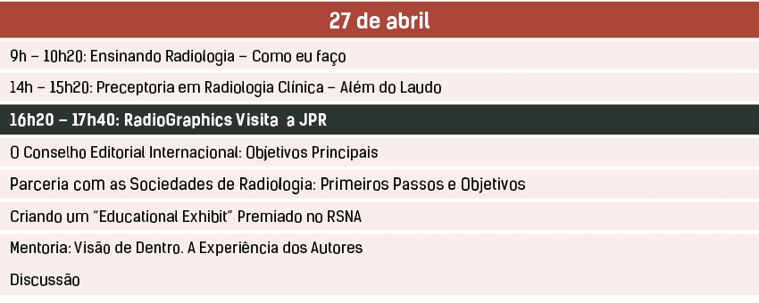 27 de abril,9h – 10h20: Ensinando Radiologia – Como eu fa o,14h – 15h20: Preceptoria em Radiologia Cl nica – Al m do ...
