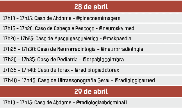 28 de abril,17h10 17h15: Caso de Abdome @ginecoemimagem,17h15 17h20: Caso de Cabe a e Pesco o @neurosky.med,17h20 17h...