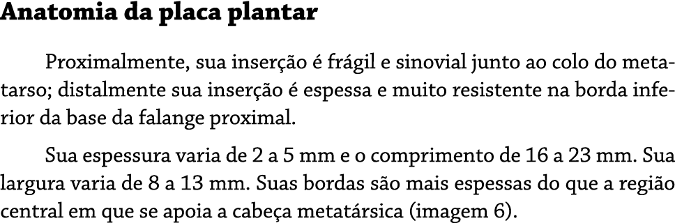 Anatomia da placa plantar Proximalmente, sua inser o   fr gil e sinovial junto ao colo do metatarso; distalmente sua...