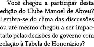 Voc  chegou a participar desta edi  o do Clube Manoel de Abreu  Lembra-se do clima das discuss es ou at  mesmo  chego   