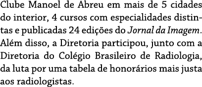 Clube Manoel de Abreu em mais de 5 cidades do interior, 4 cursos com especialidades distintas e publicadas 24 edições   