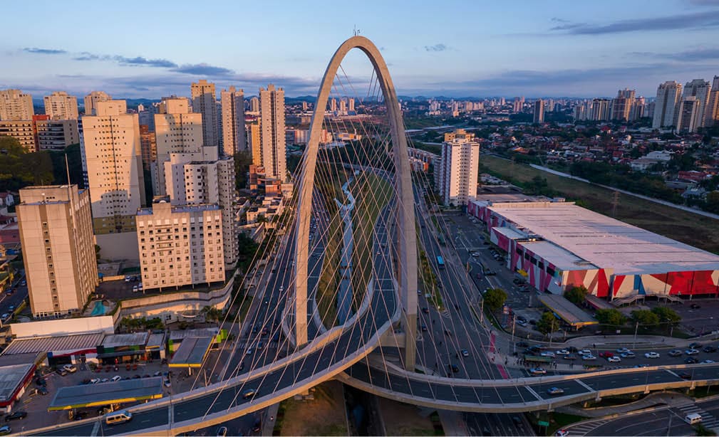 Sao Jose dos Campos, Sao Paulo, Brazil - 04, 2022: Aerial view of the cable-stayed bridge in São José dos Campos known as the innovation arch