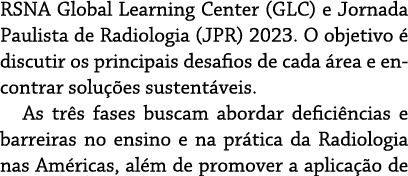 RSNA Global Learning Center (GLC) e Jornada Paulista de Radiologia (JPR) 2023  O objetivo é discutir os principais de   
