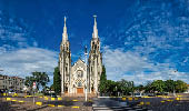 BOTUCATU, SAO PAULO, BRAZIL - JANUARY 02, 2019: OCathedral church of Botucatu, panoramic photo of the cathedral under blue sky with clouds at dawn