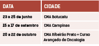 DATA,CIDADE,23 a 25 de junho,CMA Botucatu,15 a 17 de setembro,CMA Campinas,20 a 22 de outubro,CMA Ribeir o Preto + Cu...